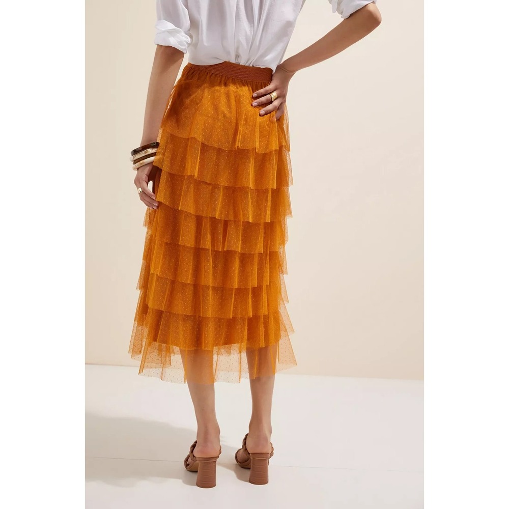 Anthropologie Tiered Tulle Maxi/Midi Skirt Mustard Point D'Esprit Dotted Mesh M - Picture 6 of 6